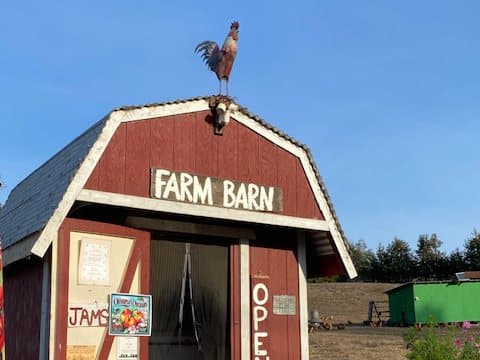 A red roadside farm stand with an open sign
